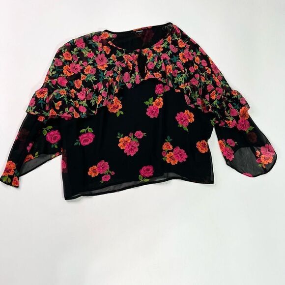 Express Long Sleeve Blouse Womens Large Black Floral Ruffle Sleeve Keyhole Front - Picture 1 of 10